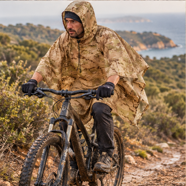 Poncho Militaire Camouflage Terre – Beige / Adulte, porté en mouvement au bord de l’océan