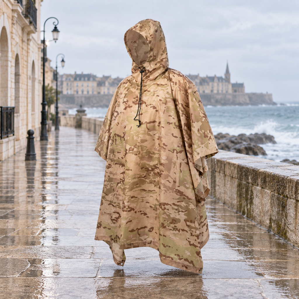 Poncho Militaire Camouflage Terre – Beige / Adulte, visuel principal lifestyle