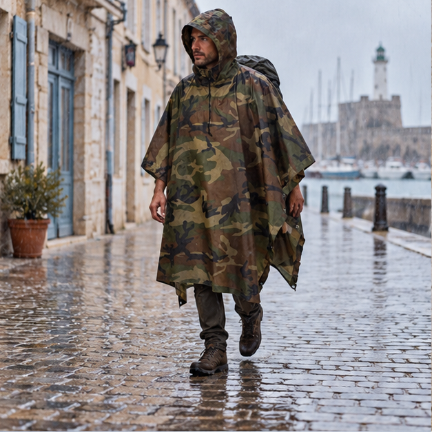 Poncho Militaire De Pluie – Kaki / Adulte, en situation sur la côte Atlantique