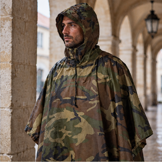 Poncho Militaire De Pluie – Kaki / Adulte, dans un intérieur côtier lumineux