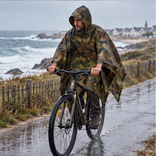 Poncho Militaire De Pluie – Kaki / Adulte, porté en mouvement au bord de l’océan