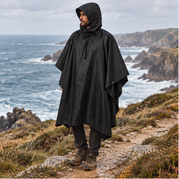 Poncho Militaire Noir – Noir / Adulte, en situation sur la côte Atlantique