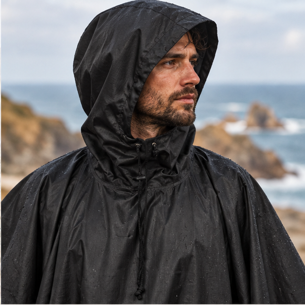 Poncho Militaire Noir – Noir / Adulte, dans un intérieur côtier lumineux