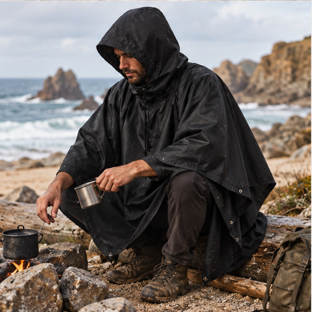 Poncho Militaire Noir – Noir / Adulte, porté en mouvement au bord de l’océan