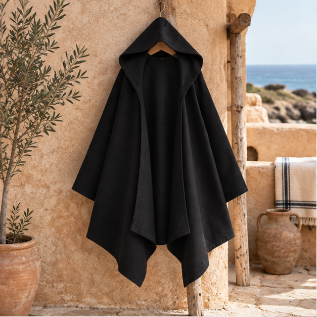 Poncho Noir À Capuche – Noir / S, Noir / M, Noir / L, en situation sur la côte Atlantique