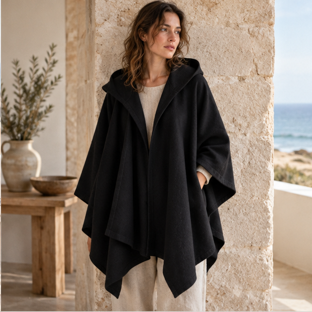 Poncho Noir À Capuche – Noir / S, Noir / M, Noir / L, dans un intérieur côtier lumineux