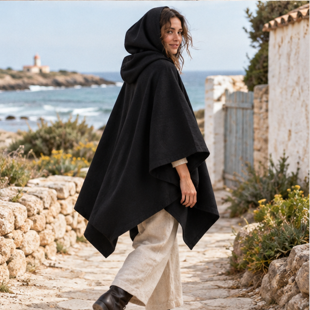 Poncho Noir À Capuche – Noir / S, Noir / M, Noir / L, porté en mouvement au bord de l’océan
