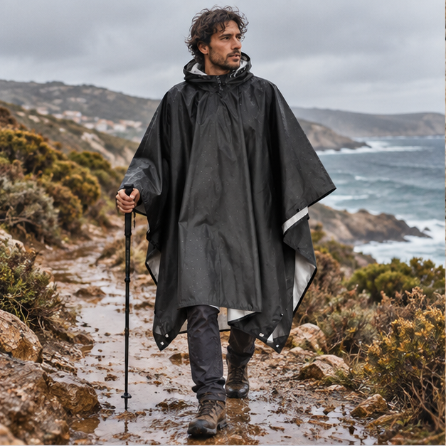 Poncho Noir Imperméable Randonnée – Noir / Adulte, en situation sur la côte Atlantique