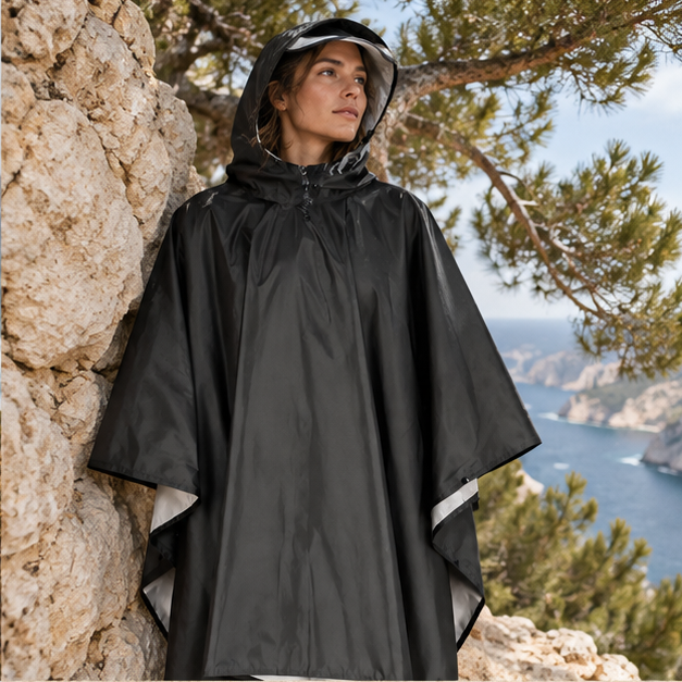 Poncho Noir Imperméable Randonnée – Noir / Adulte, dans un intérieur côtier lumineux