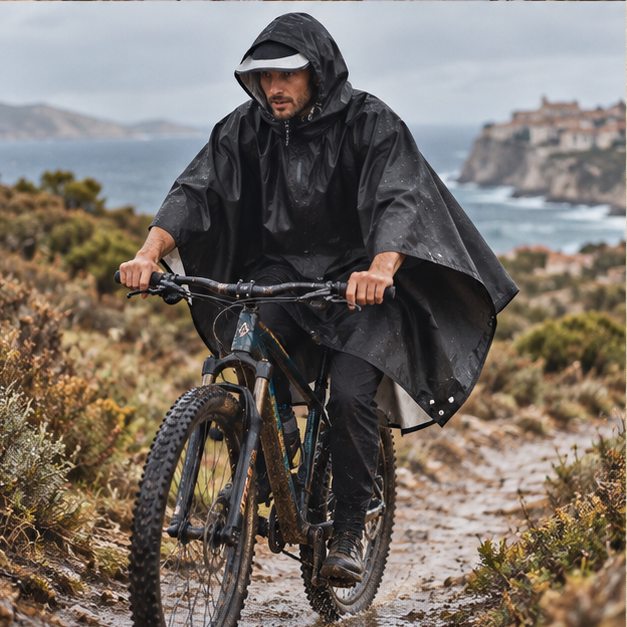 Poncho Noir Imperméable Randonnée – Noir / Adulte, porté en mouvement au bord de l’océan