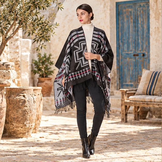 Poncho Noir Motifs Croix Mexicaine – Noir / Adulte, en situation sur la côte Atlantique