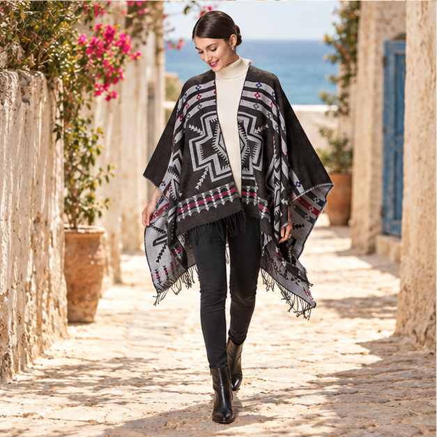 Poncho Noir Motifs Croix Mexicaine – Noir / Adulte, porté en mouvement au bord de l’océan