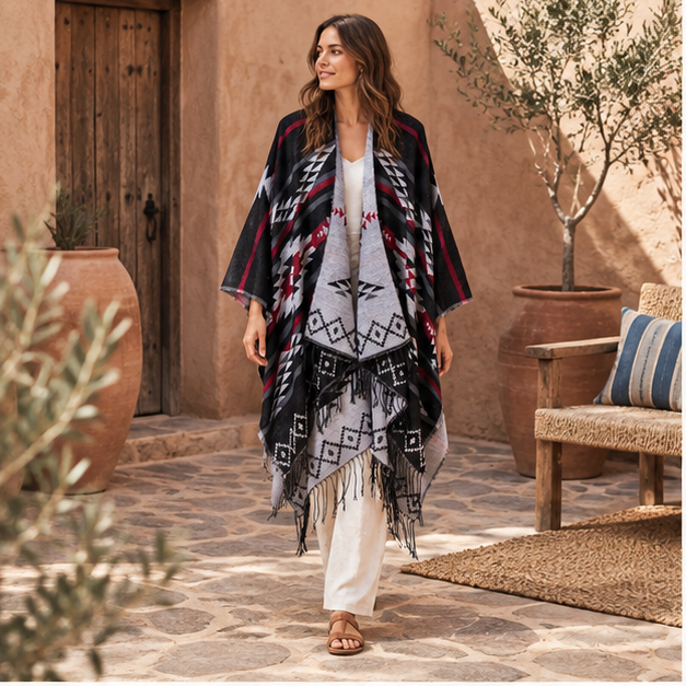 Poncho Noir Motifs Mexicains – Noir / Adulte, en situation sur la côte Atlantique