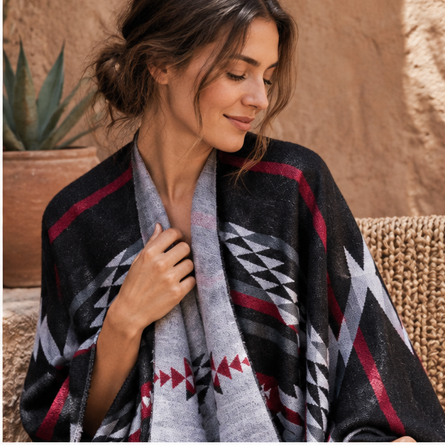 Poncho Noir Motifs Mexicains – Noir / Adulte, dans un intérieur côtier lumineux