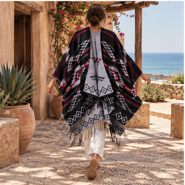 Poncho Noir Motifs Mexicains – Noir / Adulte, porté en mouvement au bord de l’océan