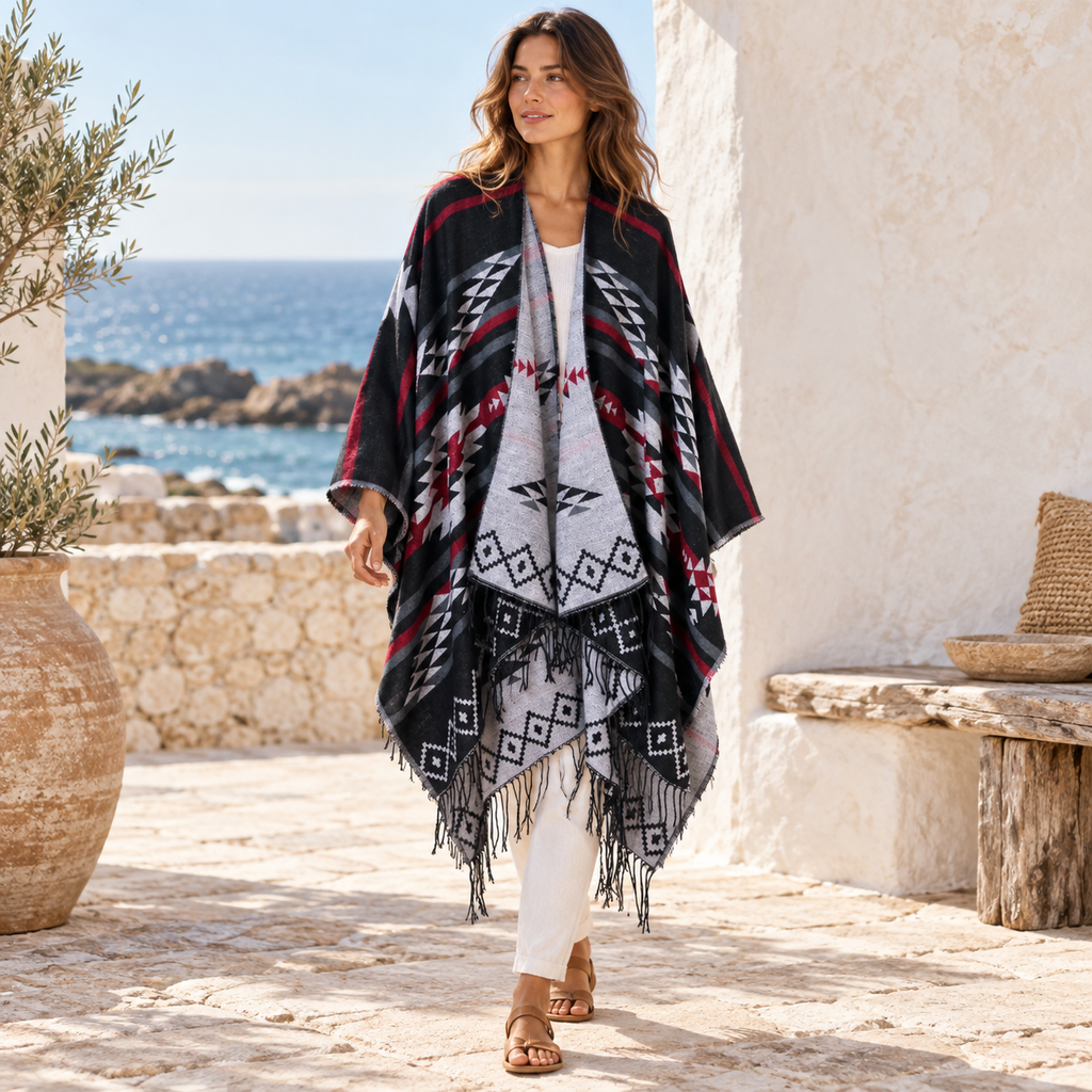 Poncho Noir Motifs Mexicains – Noir / Adulte, visuel principal lifestyle