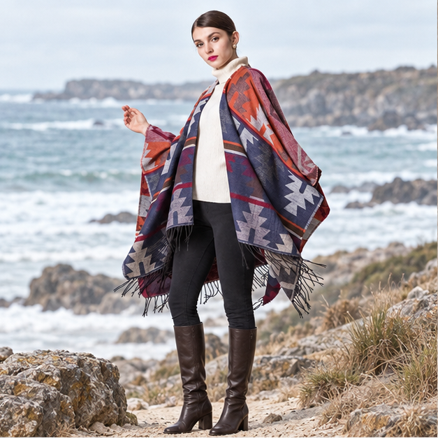 Poncho Orange Motifs Péruviens – Orange / Adulte, en situation sur la côte Atlantique
