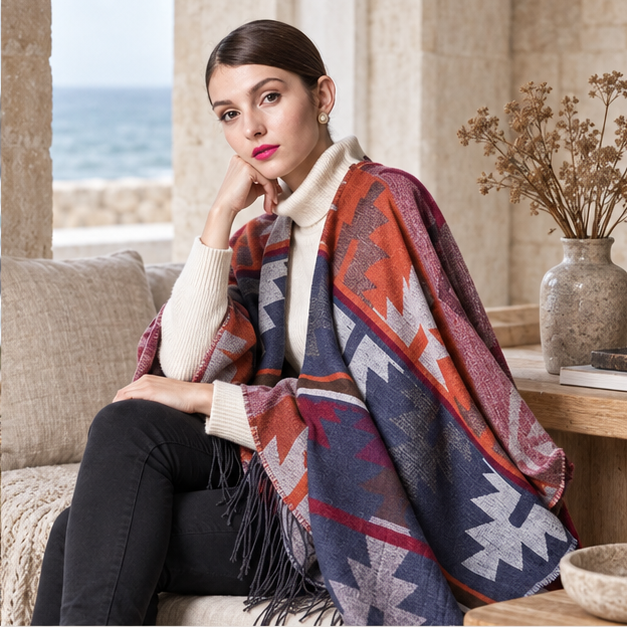 Poncho Orange Motifs Péruviens – Orange / Adulte, dans un intérieur côtier lumineux