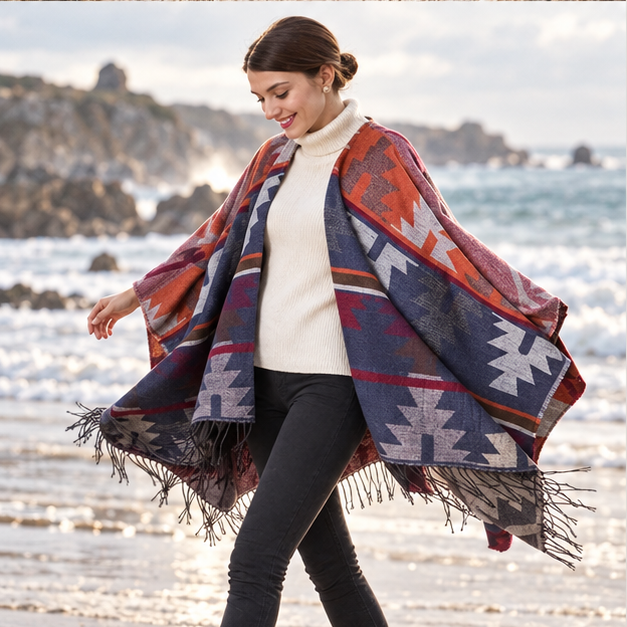Poncho Orange Motifs Péruviens – Orange / Adulte, porté en mouvement au bord de l’océan