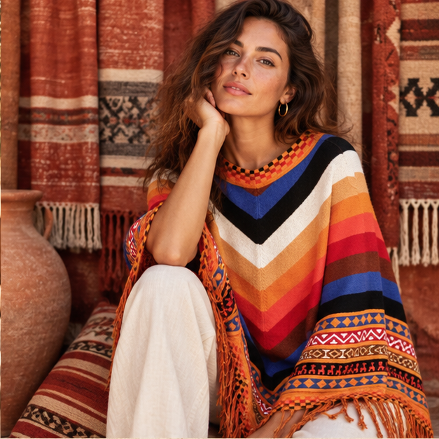 Poncho Péruvien à Franges – Orange / Adulte, dans un intérieur côtier lumineux