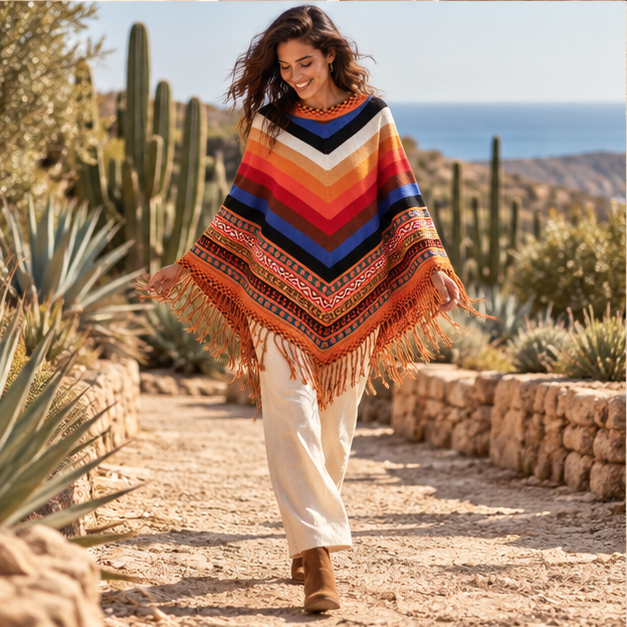 Poncho Péruvien à Franges – Orange / Adulte, porté en mouvement au bord de l’océan