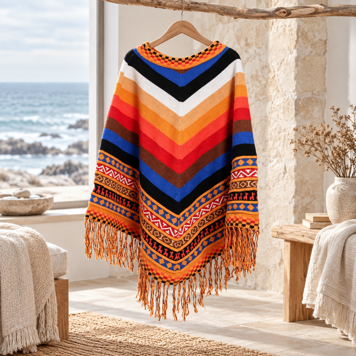 Poncho Péruvien à Franges – Orange / Adulte, visuel principal lifestyle