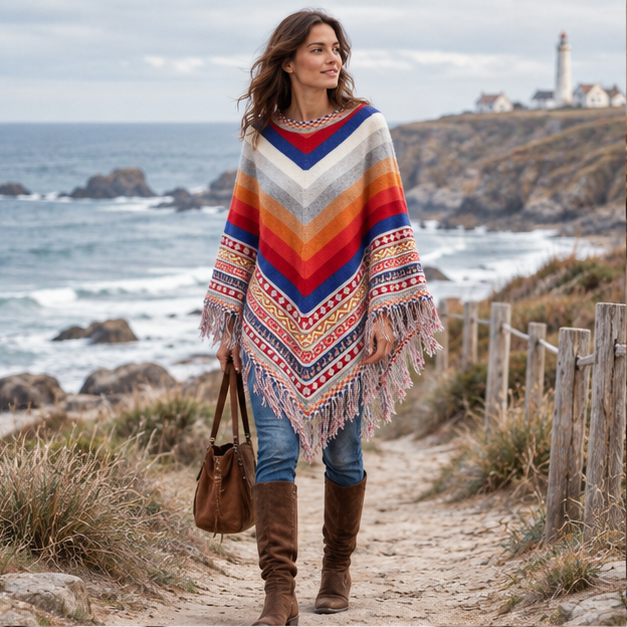 Poncho Péruvien à Franges – Gris / Adulte, en situation sur la côte Atlantique