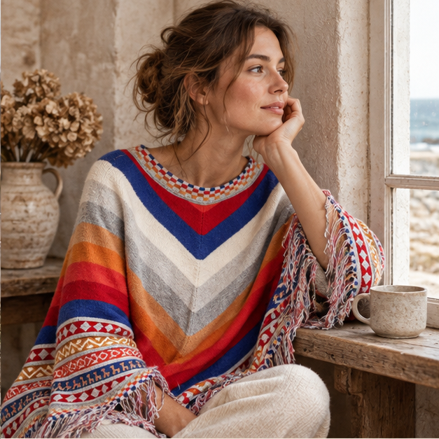 Poncho Péruvien à Franges – Gris / Adulte, dans un intérieur côtier lumineux