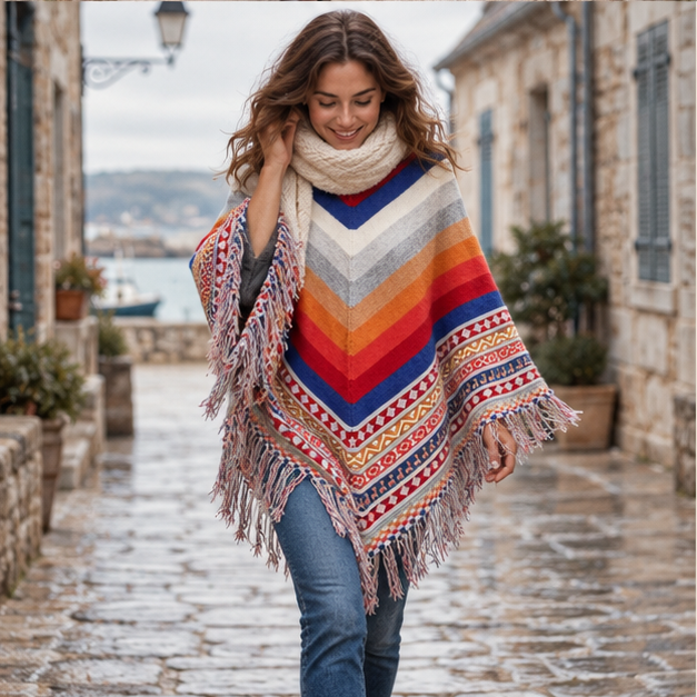 Poncho Péruvien à Franges – Gris / Adulte, porté en mouvement au bord de l’océan