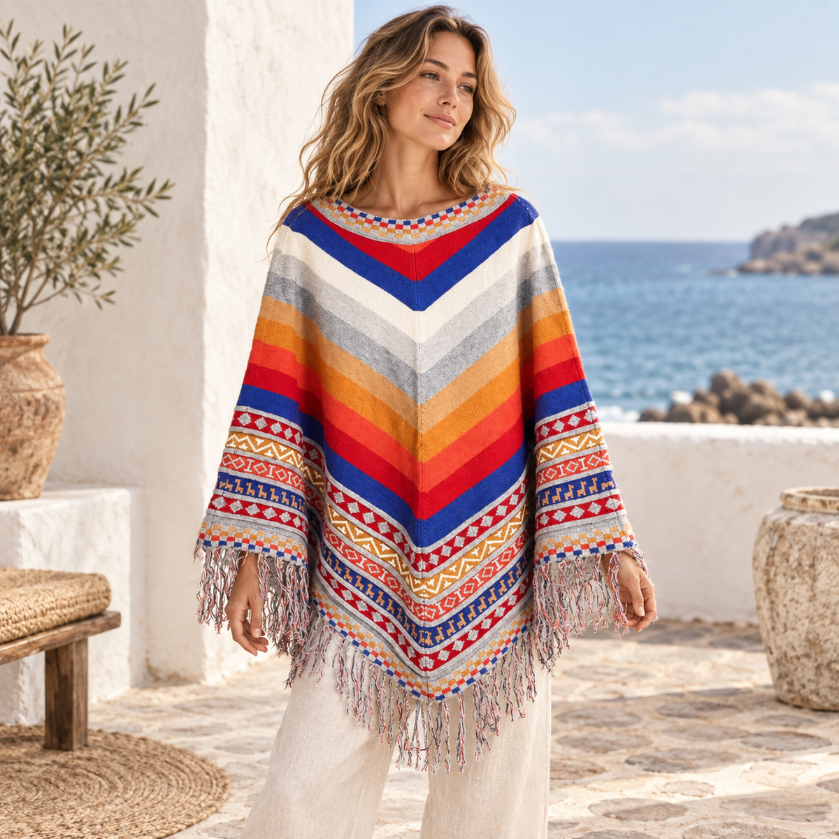 Poncho Péruvien à Franges – Gris / Adulte, visuel principal lifestyle