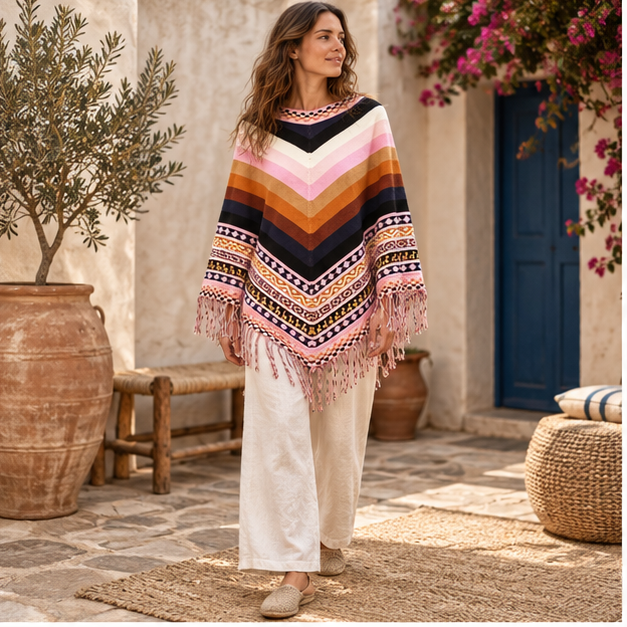 Poncho Péruvien à Franges – Rose / Adulte, en situation sur la côte Atlantique
