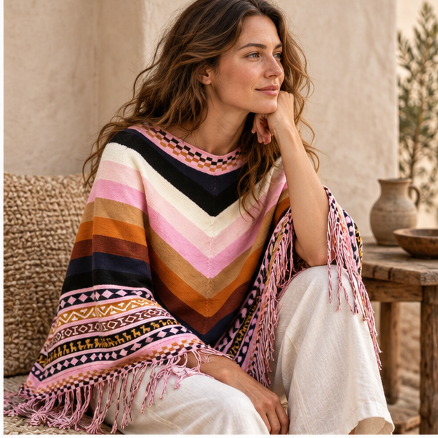 Poncho Péruvien à Franges – Rose / Adulte, dans un intérieur côtier lumineux