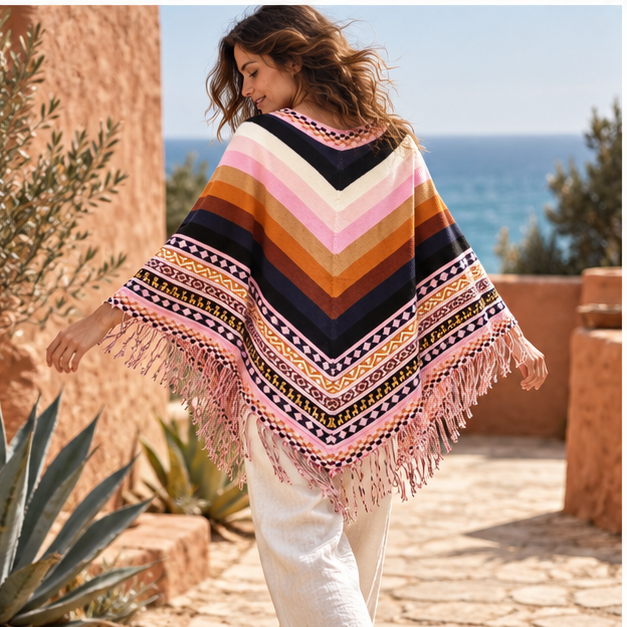 Poncho Péruvien à Franges – Rose / Adulte, porté en mouvement au bord de l’océan