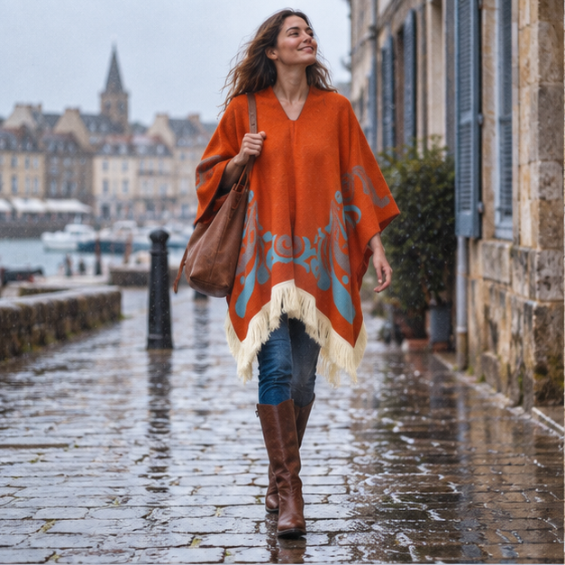 Poncho Péruvien Motifs Ailes – Orange / Adulte, en situation sur la côte Atlantique