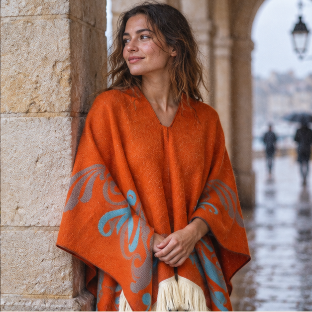 Poncho Péruvien Motifs Ailes – Orange / Adulte, dans un intérieur côtier lumineux