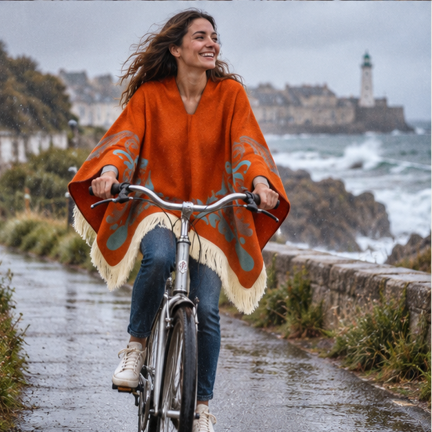 Poncho Péruvien Motifs Ailes – Orange / Adulte, porté en mouvement au bord de l’océan
