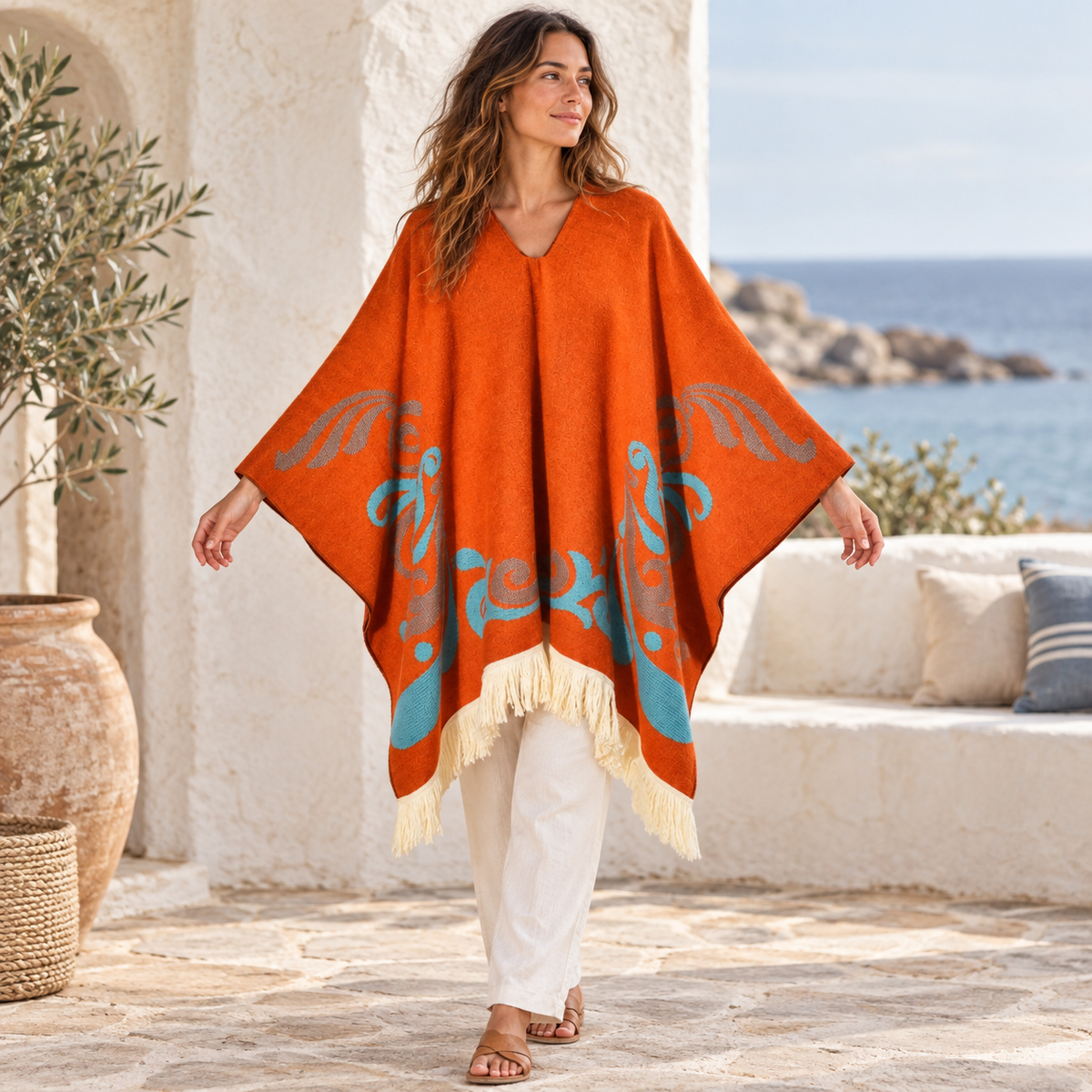 Poncho Péruvien Motifs Ailes – Orange / Adulte, visuel principal lifestyle