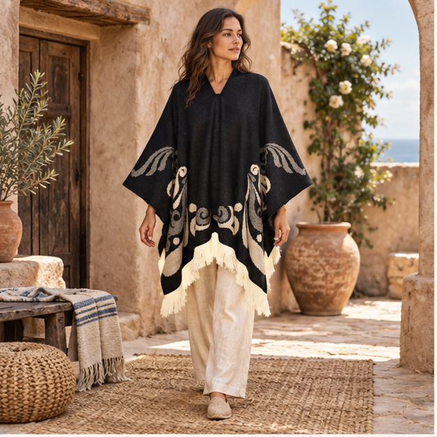 Poncho Péruvien Motifs Ailes – Noir / Adulte, en situation sur la côte Atlantique