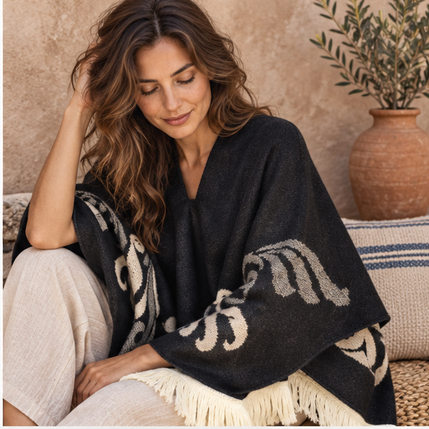 Poncho Péruvien Motifs Ailes – Noir / Adulte, dans un intérieur côtier lumineux