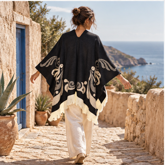 Poncho Péruvien Motifs Ailes – Noir / Adulte, porté en mouvement au bord de l’océan