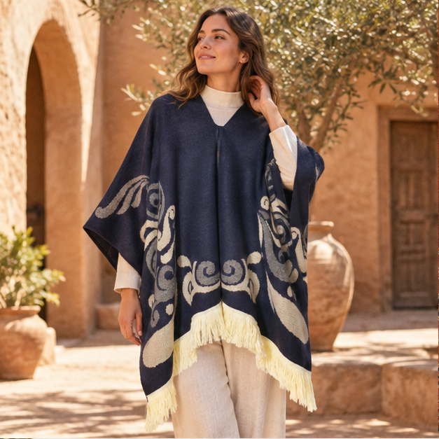 Poncho Péruvien Motifs Ailes – Bleu Marine / Adulte, en situation sur la côte Atlantique