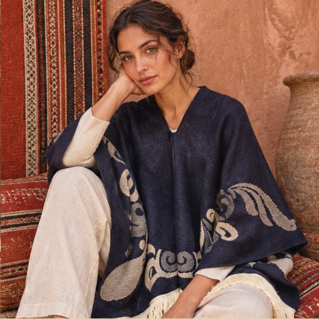 Poncho Péruvien Motifs Ailes – Bleu Marine / Adulte, dans un intérieur côtier lumineux