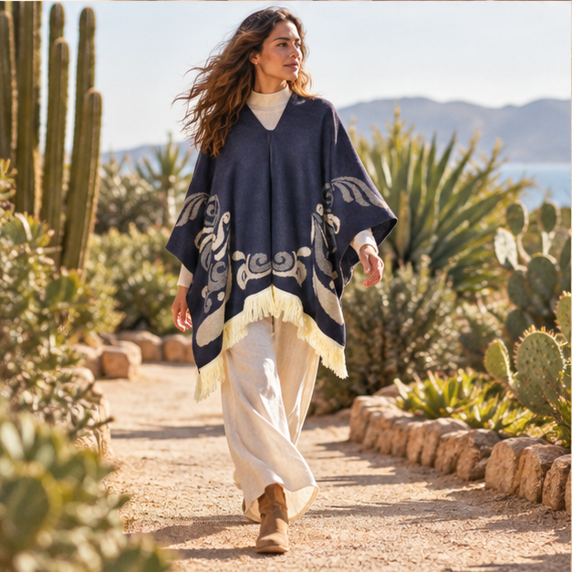 Poncho Péruvien Motifs Ailes – Bleu Marine / Adulte, porté en mouvement au bord de l’océan