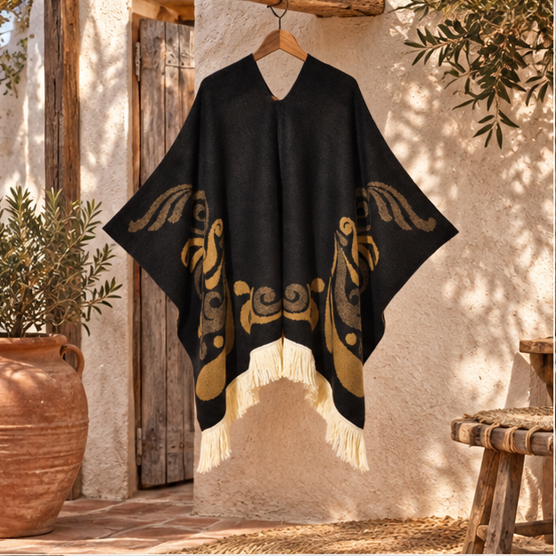 Poncho Péruvien Motifs Ailes – Or / Adulte, en situation sur la côte Atlantique
