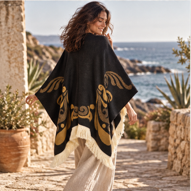 Poncho Péruvien Motifs Ailes – Or / Adulte, porté en mouvement au bord de l’océan