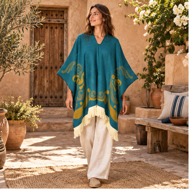 Poncho Péruvien Motifs Ailes – Turquoise / Adulte, en situation sur la côte Atlantique