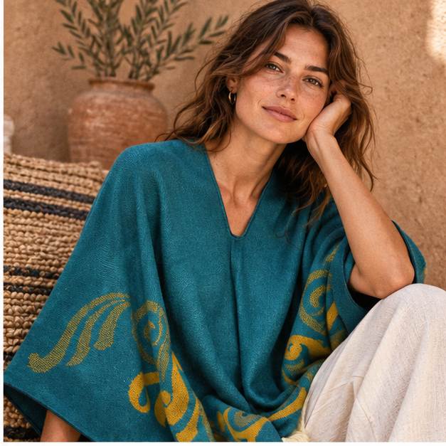 Poncho Péruvien Motifs Ailes – Turquoise / Adulte, dans un intérieur côtier lumineux