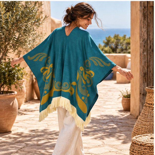 Poncho Péruvien Motifs Ailes – Turquoise / Adulte, porté en mouvement au bord de l’océan