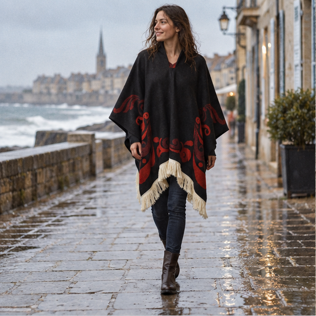 Poncho Péruvien Motifs Ailes – Rouge / Adulte, en situation sur la côte Atlantique