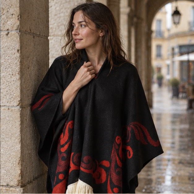 Poncho Péruvien Motifs Ailes – Rouge / Adulte, dans un intérieur côtier lumineux